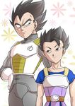  armor black_eyes black_hair dragon_ball dragon_ball_super floral_background fuoore_(fore0042) gloves hand_on_hip height_difference kyabe male_focus multiple_boys smile spiked_hair vegeta white_gloves 