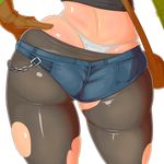  a_(cat3) absurdres aroma_gebuzurin ass back back-seamed_legwear bag black_legwear blue_shorts brown_gloves chain contrapposto crop_top denim denim_shorts dimples_of_venus dragon_quest dragon_quest_monsters_joker_3 from_behind gloves hand_on_hip highleg highleg_panties highres hips lower_body panties pantyhose pocket seamed_legwear short_shorts shorts skindentation solo standing thighs thong torn_clothes torn_legwear transparent_background underwear whale_tail white_panties 
