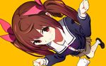  bangs blush brown_eyes brown_hair commentary_request from_above fueru_nattou full_body hair_ribbon long_hair long_sleeves looking_at_viewer looking_up original ribbon school_uniform skirt smile solo twintails 