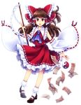  ascot bobby_socks bow brown_eyes brown_hair detached_sleeves gohei hair_bow hair_tubes hakurei_reimu mary_janes momofukki nontraditional_miko ofuda open_mouth shoes skirt skirt_set socks solo touhou yin_yang 