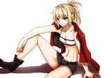  belt blonde_hair braid collarbone denim denim_shorts fate/apocrypha fate_(series) green_eyes grin highres jacket_on_shoulders midriff mordred_(fate) mordred_(fate)_(all) navel ponytail red_scrunchie ryuuri_(aoithigo) scrunchie shorts sitting smile solo 