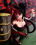 ascot black_hair blue_eyes boots breasts cleavage corset dc_comics female fishnet gloves hammer harley_quinn heart lace lipstick looking_at_the-viewer looking_at_viewer makeup pantyhose red_hair skirt solo tattoos tenlann torn_clothes twintails two_tone_hair weapon 