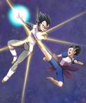  armor battle black_eyes black_hair boots dragon_ball dragon_ball_super duel full_body fuoore_(fore0042) gloves glowing highres kicking kyabe male_focus multiple_boys open_mouth spiked_hair vambraces vegeta white_footwear white_gloves 