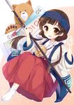  amayadori_machi bear black_hair brown_eyes claws full_body hair_ribbon hairband hakama highres holding holding_weapon japanese_clothes kumai_natsu kumamiko long_hair looking_at_viewer miko momoirone open_mouth polearm red_hakama ribbon tabi teeth twintails weapon 