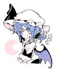  alternate_color alternate_eye_color alternate_hairstyle bat_wings blue_eyes blue_hair blush bow closed_mouth crescent fang fang_out hair_bow hat hat_ribbon looking_at_viewer low_ponytail mob_cap morino_hon portrait puffy_sleeves remilia_scarlet ribbon short_hair short_sleeves simple_background smile solo touhou white_background wings 