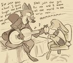  absurd_res anthro bed canine chair chumpyuno clothed clothing dialogue disney duo english_text eyes_closed female fox guitar hi_res judy_hopps lagomorph male mammal monochrome musical_instrument nick_wilde playing_instrument rabbit romantic romantic_couple singing sitting smile song text zootopia 