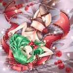  black_bra black_legwear black_panties bow bow_panties bra breasts cleavage crossed_legs flower front_ponytail garter_belt green_eyes green_hair hair_bow hair_ribbon kagiyama_hina large_breasts long_hair looking_at_viewer lying navel on_back panties red_bow red_flower red_ribbon red_rose ribbon rose side-tie_panties solo tamichan thighhighs touhou underwear underwear_only upside-down 