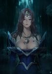  armor armored_dress arms_at_sides bare_shoulders blue_dress blue_eyes breasts bush cleavage cowboy_shot crescent defense_of_the_ancients detached_sleeves dota_2 dress dripping expressionless forest headpiece highres instant_ip jewelry large_breasts lips long_hair long_sleeves looking_at_viewer mirana_(dota_2) nature necklace pendant plant rain shoulder_pads signature solo tattoo teeth water wet wet_clothes wet_dress wet_hair 