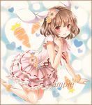  adapted_costume animal_ears anklet barefoot blush border bracelet brown_hair bunny_ears carrot colored_pencil_(medium) dress eyelashes flower frilled_skirt frills gradient gradient_background hair_flower hair_ornament heart inaba_tewi jewelry kneeling layered_skirt looking_at_viewer marker_(medium) open_mouth pink_dress potto red_eyes ribbon sample short_hair short_sleeves skirt solo touhou traditional_media 