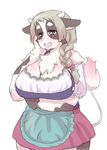  anthro big_breasts blush bovine braided_hair breasts cattle chest_tuft cleavage clothed clothing female fur hair hand_on_face horn huge_breasts mammal mutaninini simple_background skirt solo supporting_breasts tuft white_background 