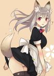  animal_ears apron black_legwear blush breasts fox_ears fox_tail heart large_breasts long_hair looking_at_viewer maid open_mouth original panties pantyshot red_eyes silver_hair simple_background solo tail thighhighs umasanjin underwear waist_apron white_panties 