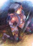  blue_hair fantasy_earth_zero highres kneeling long_hair pointy_ears ryouku solo sword thighhighs weapon yellow_eyes 