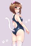  animal_ears arm_at_side ass bare_shoulders blush body_blush breasts brown_hair cat_ears cat_tail closed_mouth competition_swimsuit eyebrows eyebrows_visible_through_hair from_behind from_side frown glasses green_eyes hand_on_own_chest idolmaster idolmaster_cinderella_girls kemonomimi_mode large_breasts looking_at_viewer looking_back maekawa_miku mio_(mgr300) one-piece_swimsuit paw_print pink_background red-framed_eyewear short_hair simple_background skin_tight skindentation solo standing swimsuit tail tail_through_clothes tareme thighhighs wavy_mouth white_legwear 