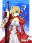  1girl ahoge blonde_hair bubbles fate/extra fate_(series) green_eyes saber_extra see-through solo weapon 