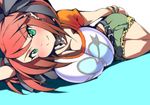  belt breasts cleavage cross green_eyes large_breasts looking_at_viewer lying on_side red_hair short_hair shorts smile solo thighs yoru_ha 