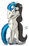  2016 anthro anthrofied black_hair breast_squish breasts breasts_frottage duo earth_pony equine eye_contact eyewear female female/female friendship_is_magic grin hair hand_behind_back hi_res horn horse hug long_hair mammal multicolored_hair my_little_pony nude open_mouth pony purple_eyes red_eyes sailoranna side_boob simple_background sunglasses two_tone_hair unicorn 
