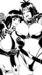  2girls black_hair breasts bursting_breasts finger_to_mouth gloves large_breasts long_hair midriff monochrome multiple_girls naga_the_serpent naughty_face noriheita slayers smile 