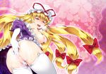  ass bare_shoulders blonde_hair blush breasts breath dress elbow_gloves fingering floral_background floral_print frills from_behind garter_straps gloves hair_ribbon hat hat_ribbon highres large_breasts long_hair looking_at_viewer looking_back mob_cap nipples off_shoulder open_mouth puffy_sleeves purple_dress pussy pussy_juice ribbon saliva short_sleeves smile solo sweat thighhighs tomomimi_shimon tongue touhou tress_ribbon uncensored very_long_hair white_gloves white_legwear yakumo_yukari 