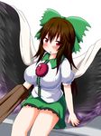  arm_cannon black_wings blush bow breasts brown_hair center_frills green_skirt hair_bow highres large_breasts miniskirt open_mouth red_eyes reiuji_utsuho skirt solo third_eye touhou weapon wings yakumo_nanahara 