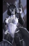  anthro black_sclera blue_eyes breasts canine chest_tuft female gun kitty_silence looking_at_viewer mammal navel nipple_bulge ranged_weapon rubber solo teeth thick_thighs tuft weapon wide_hips 