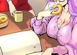  bespectacled book breasts cleavage coffee collarbone covered_nipples crumbs cup danna_(karatekikku) doughnut eating food glasses hakurei_reimu head_out_of_frame large_breasts long_hair mug multiple_girls out_of_character out_of_frame patchouli_knowledge purple_hair touhou very_long_hair 