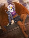  avian barefoot belt chain choker city cityscape clothing coat conditional_dnp female friendship_is_magic gilda_(mlp) gryphon jacket midriff my_little_pony painted_claws piercing punk scappo shorts solo studs wall wings yellow_sign 