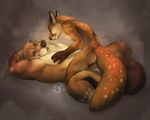  2016 anthro black_nose brown_fur canine duo eye_contact fox fur green_eyes happy lying male male/male mammal mustelid nude on_back on_lap on_top otter simple_background skrawl smile spots thick_tail whiskers 