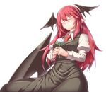  black_skirt closed_eyes collared_shirt flower hair_between_eyes head_wings juliet_sleeves koakuma long_hair long_sleeves necktie puffy_sleeves red_hair red_neckwear ryuuno_stadtfeld shirt simple_background skirt skirt_set solo touhou vest white_background white_shirt wings 