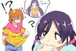  /\/\/\ 2girls :t ? blush_stickers bread breast_envy clothes_writing cosplay eating food hair_ribbon kasa_list kousaka_honoka kousaka_honoka_(cosplay) loose_clothes love_live! love_live!_school_idol_project multiple_girls one_side_up orange_hair pink_scrunchie purple_hair ribbon scrunchie shorts thought_bubble toujou_nozomi translated twintails 