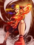  bike_shorts blonde_hair bow elbowing fighting_stance fire from_below full_body gloves hair_bow kanzuki_karin koyubi_(littlefinger1988) long_hair red_eyes ringlets school_uniform serafuku shorts shorts_under_skirt solo street_fighter street_fighter_zero_(series) 