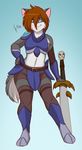  anthro armor blue_background clothed clothing crossdressing feline lavenderpandy male mammal melee_weapon navel simple_background smile solo sword teeth weapon 