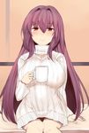 bare_legs blush breasts cup fate/grand_order fate_(series) hair_between_eyes hair_intakes large_breasts long_hair long_sleeves looking_at_viewer mug naked_sweater purple_hair red_eyes ribbed_sweater sabujiroko scathach_(fate)_(all) scathach_(fate/grand_order) sitting smile solo sweater 