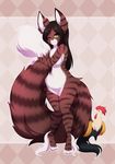  anthro breasts featureless_crotch feline female looking_at_viewer mammal one_eye_closed re-sublimity-kun simple_background slightly_chubby smile solo striped_tail tail_hug 