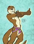  2014 anthro brown_fur bulge butt clothing fur happy jockstrap looking_at_viewer male mammal mustelid otter simple_background skrawl smile thick_tail underwear whiskers 