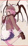  apron bird_wings blue_skirt blush_stickers brown_scarf contemporary from_side hand_on_own_chest hat hood hood_down hoodie leg_up looking_at_viewer mystia_lorelei oshouyu_tabetai outstretched_arm pink_hair reaching scarf shoes short_hair sketch skirt solo touhou wings 