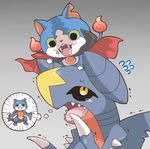  blush cape cat crossover fangs gabunyan garchomp gen_4_pokemon gradient gradient_background grey_background multiple_tails no_humans notched_ear open_mouth pokemon pokemon_(creature) sharp_teeth sparkle tail tears teeth thought_bubble two_tails vampire youkai youkai_watch 