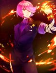 air_(411471411471) armband bandaged_arm bandages concrete_revolutio fire flame formal hair_over_one_eye hitoyoshi_jirou long_sleeves male_focus pants pink_hair solo suit watch wristwatch yellow_eyes 