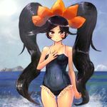  ashley_(warioware) black_hair blush breasts byte_(grunty-hag1) covered_navel cowboy_shot hair_ornament hand_on_own_chest long_hair looking_at_viewer ocean one-piece_swimsuit outdoors red_eyes small_breasts solo swimsuit twintails very_long_hair warioware water 