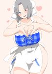  ;d apron beige_background blue_eyes blush breasts cleavage collarbone goshiki_suzu grey_hair hair_ribbon heart heart_hands highres huge_breasts looking_at_viewer naked_apron one_eye_closed open_mouth ribbon senran_kagura senran_kagura_shinovi_versus short_hair simple_background smile solo teeth yumi_(senran_kagura) 