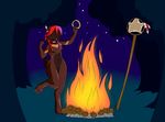  bonfire(object) breasts brown_fur canine choker dancing eleison_box feathers female fire forest fur grass hair mammal musical_instrument red_hair staff star tambourine tree tribal wolf 