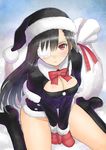  :&lt; black_footwear black_hair black_santa_costume boots bottomless breasts christmas cleavage eyepatch groin hat highres knee_boots large_breasts long_hair looking_at_viewer medical_eyepatch mittens no_panties red_eyes ribbon sack santa_costume santa_hat shiny shiny_hair sister_blood sitting solo tanaka_takayuki thigh_boots thighhighs wariza 