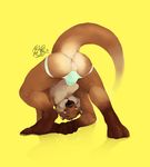  2016 anthro anus ass_up bulge butt clothed clothing happy jockstrap looking_at_viewer male mammal mustelid otter perineum presenting presenting_anus skrawl smile thick_tail topless underwear whiskers 