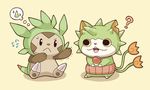  ? cat chespin crossover gen_6_pokemon haramaki multiple_tails no_humans notched_ear open_mouth pokemon pokemon_(creature) simple_background sitting tail thought_bubble togenyan two_tails youkai youkai_watch 