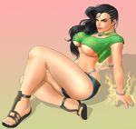  1girl asymmetrical_hair black_hair breasts cleavage cornrows crop_top laura_matsuda short_shorts sitting solo street_fighter street_fighter_v thong underboob yecow_loccour 