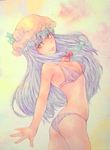  ass bikini blue_hair bow breasts cleavage hair_bow hat highres light_smile long_hair medium_breasts patchouli_knowledge red_eyes solo swimsuit touhou traditional_media watercolor_(medium) yuyu_(00365676) 