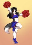  anthro canine cheerleader_outfit clothed clothing crossdressing girly lavenderpandy legwear male mammal navel open_mouth pom_poms simple_background skirt smile socks solo 