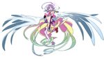  8041mm angel_wings breasts bridal_gauntlets crop_top feathered_wings finger_to_mouth gloves gradient_hair halo highres jibril_(no_game_no_life) large_breasts long_hair low_wings magic_circle midriff mismatched_legwear multicolored multicolored_eyes multicolored_hair navel no_game_no_life orange_eyes pink_hair seductive_smile sideboob smile solo tattoo thighhighs very_long_hair white_wings wing_ears wings yellow_eyes 