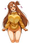  asuna_(sao) blush bottomless breasts brown_eyes brown_hair cowboy_shot heart large_breasts long_hair long_sleeves looking_at_viewer naked_sweater one_side_up open_mouth perky_breasts pubic_hair sachito smile solo sweater sword_art_online turtleneck very_long_hair 