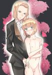  bad_id bad_pixiv_id blonde_hair blue_eyes blush bob_cut censored clothed_male_nude_male coin_rand collarbone flaccid flower formal mosaic_censoring multiple_boys navel nude penis rose testicles 