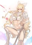  :q armor axe battle_axe biceps bikini_armor blonde_hair blood blue_eyes bow breasts charlotte_(fire_emblem_if) cleavage fire_emblem fire_emblem_if gauntlets greaves hair_bow iriya_(lonesome) large_breasts long_hair looking_at_viewer midriff navel smile solo spikes toned tongue tongue_out wavy_hair weapon white_bow 